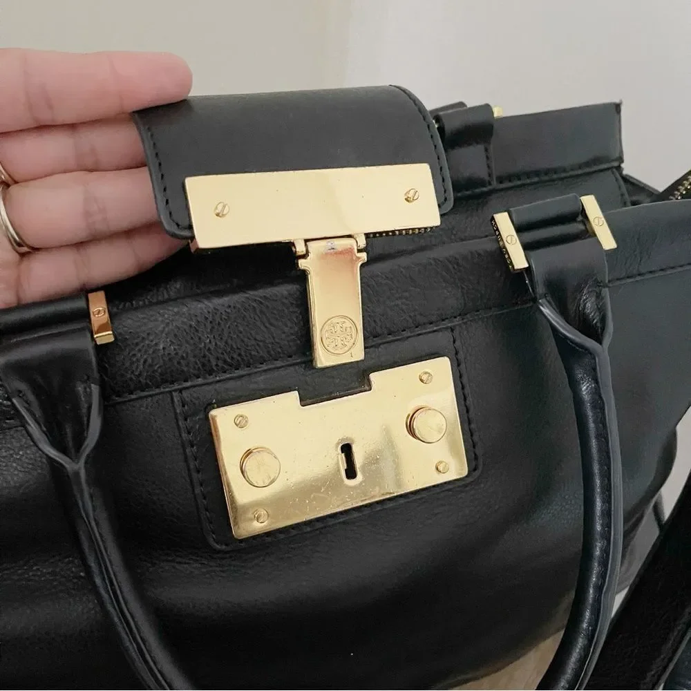 Tory Burch Black Holland Satchel Handbag Leather preowned